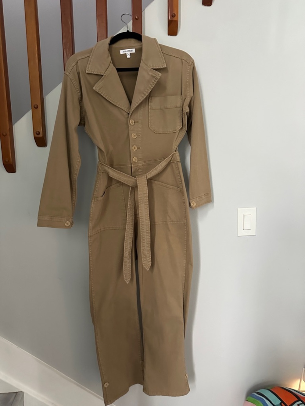 Good American Long Sleeve Belted Utility Jumpsuit in Tan